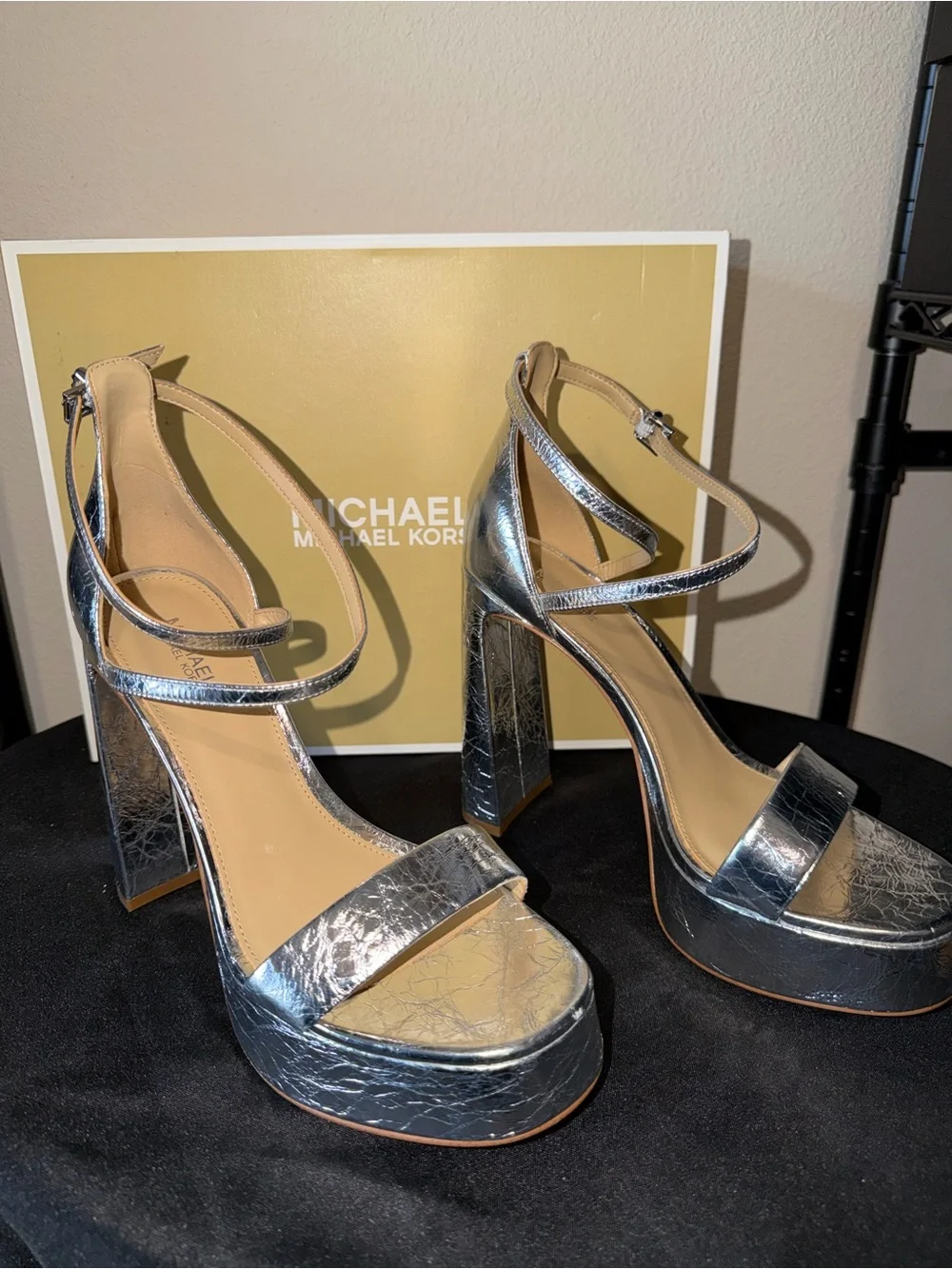 Michael Kors “Cami” Crushed Leather Metallic Platform Heels